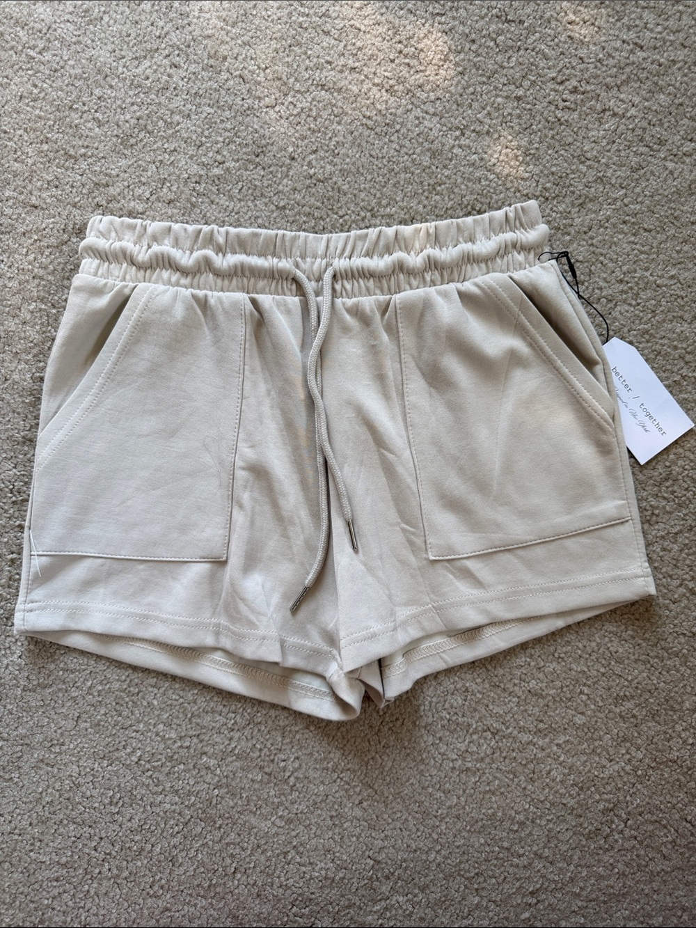 NWT Women's Cream Drawstring Athletic Shorts with Front Pockets